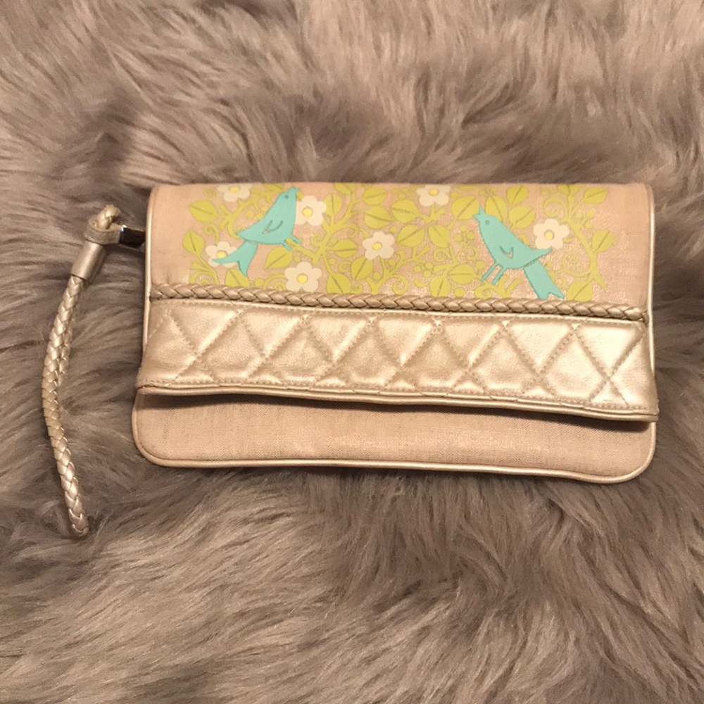 Rare Vera Bradley Floral Sitting Birds Pattern Large Wristlet Clutch Bag Purse